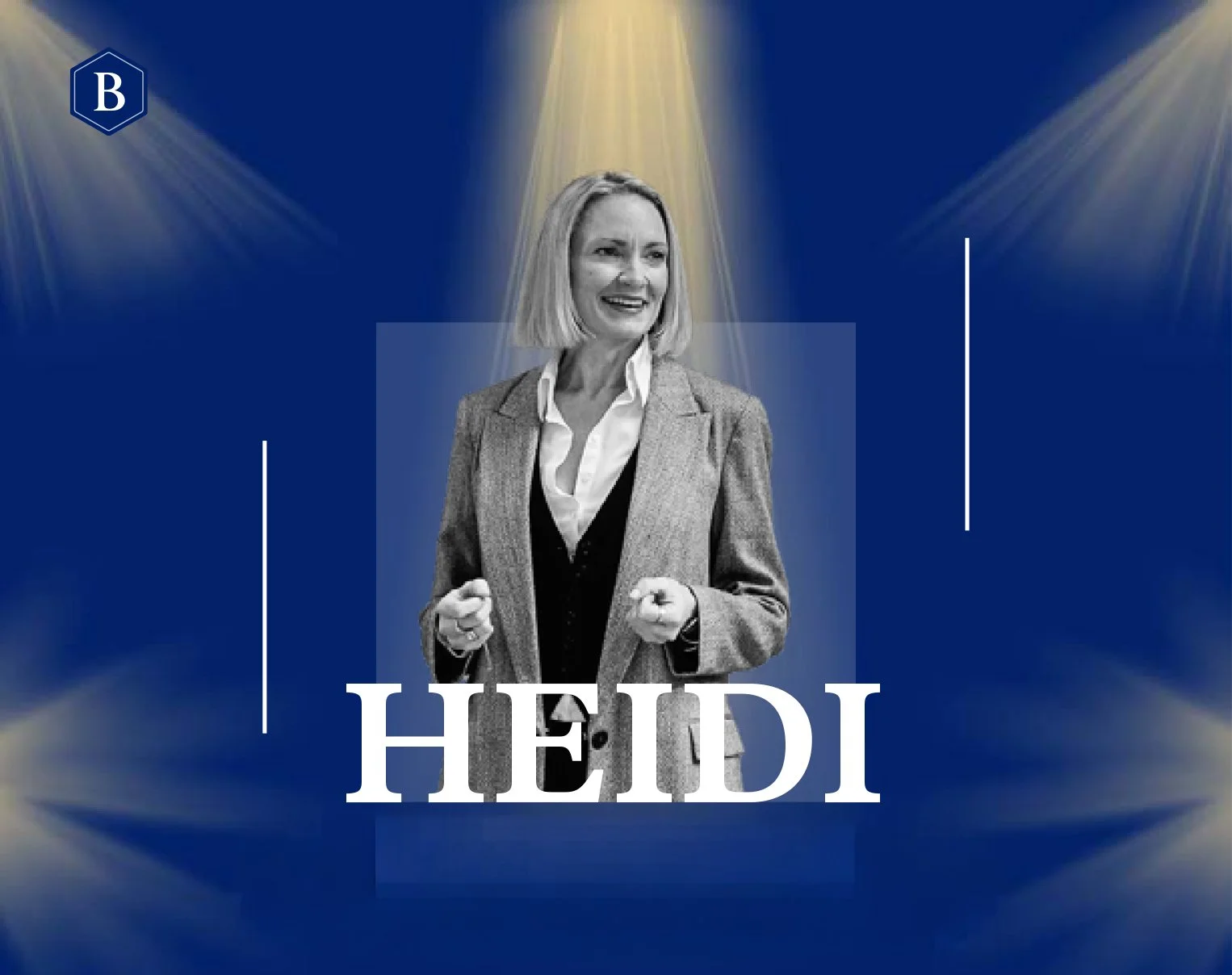 Black and white photo of a woman smiling, wearing a blazer and white shirt, with the name 'HEIDI' in bold white letters below, on a blue background with spotlight effects.