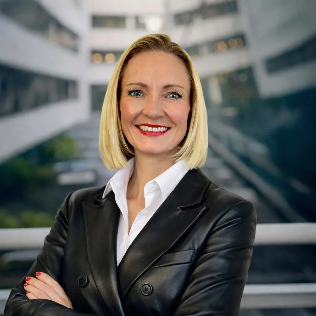 Heidi Mallace in a black leather blazer with a white shirt, standing with arms crossed in front of a modern building with multiple windows.