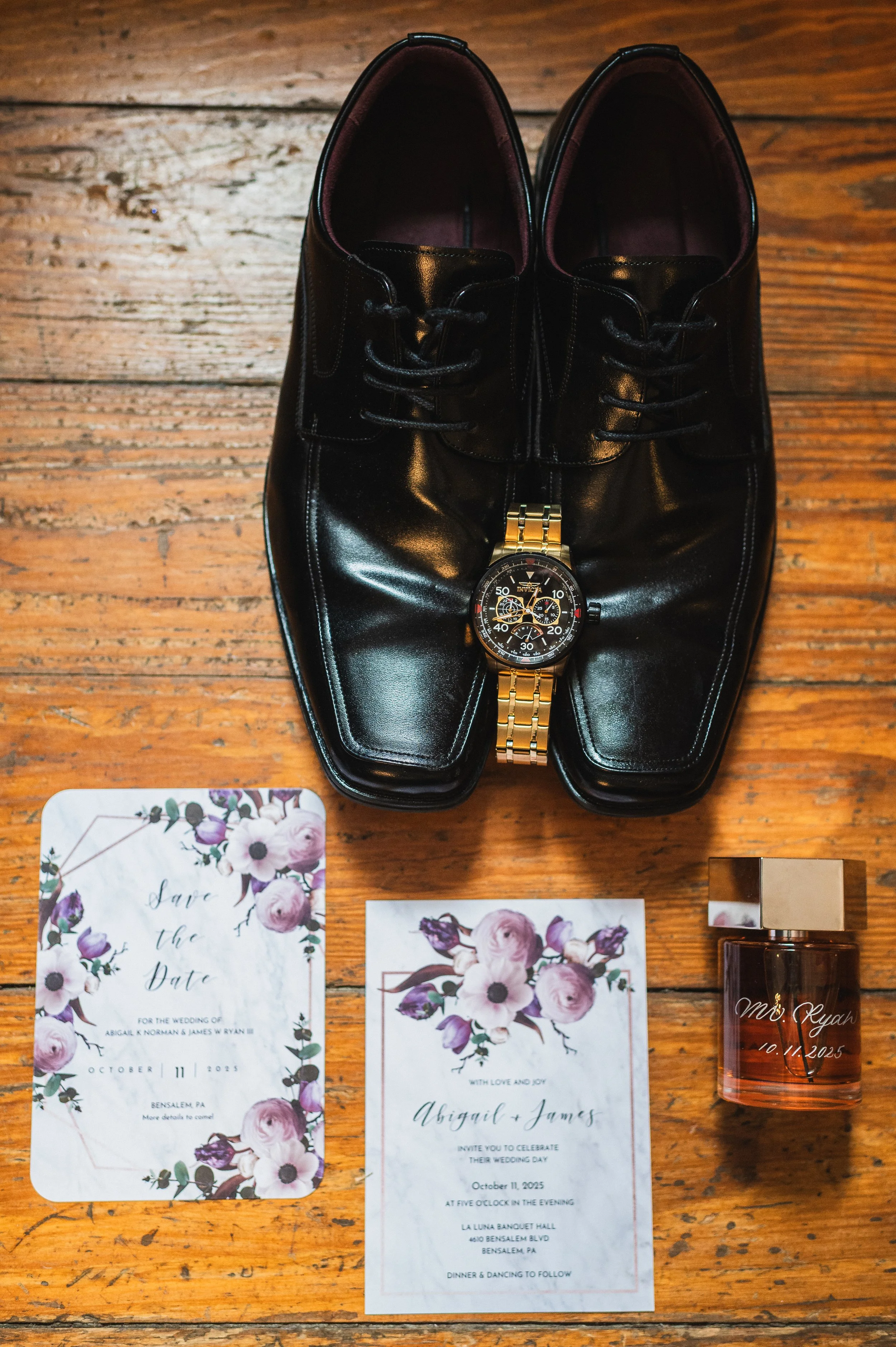 Grooms shoes and invitation