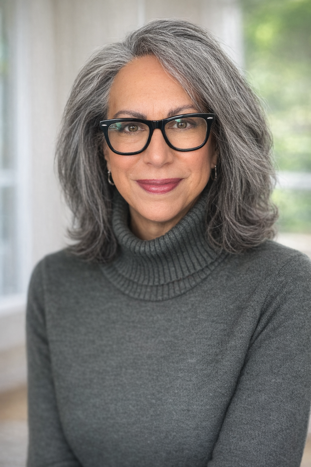 A woman with gray hair, glasses, and a gray turtleneck sweater smiling in front of a blurred background with green foliage.
