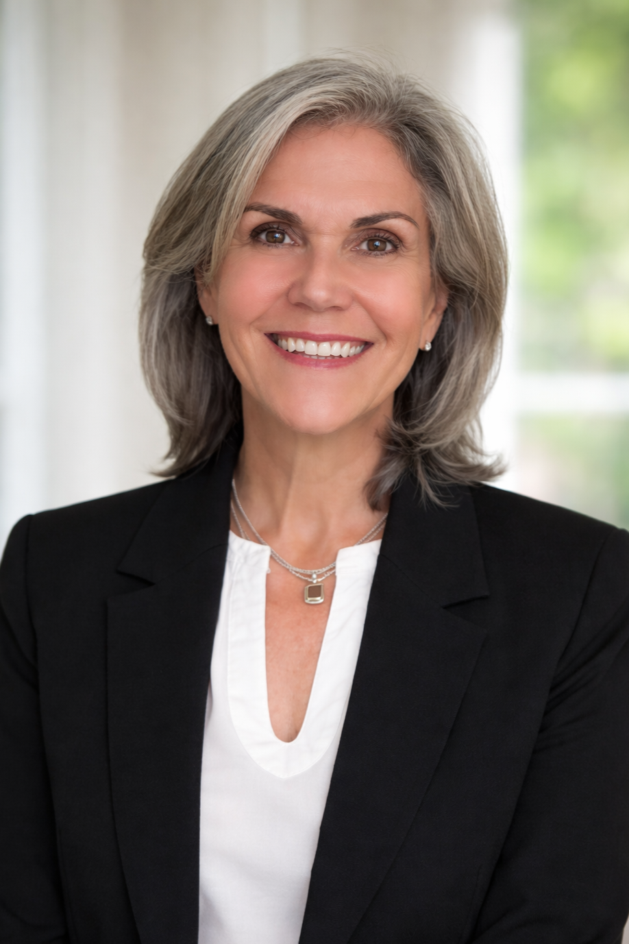 A middle-aged woman with gray hair smiling, dressed in a black blazer and white blouse, with a silver necklace, standing in front of a blurred background with windows and greenery.