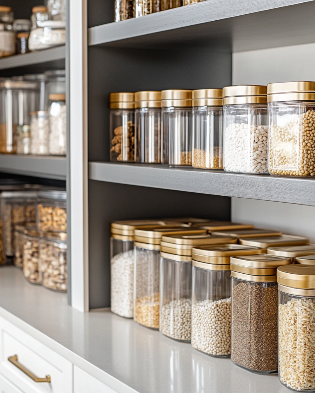 Shelf with glass jars filled with various grains and cereals, each jar has a gold-colored lid.