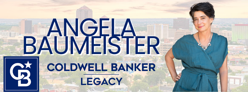 Angela Baumester standing outdoors with a city skyline in the background, promotional banner for Coldwell Banker Legacy