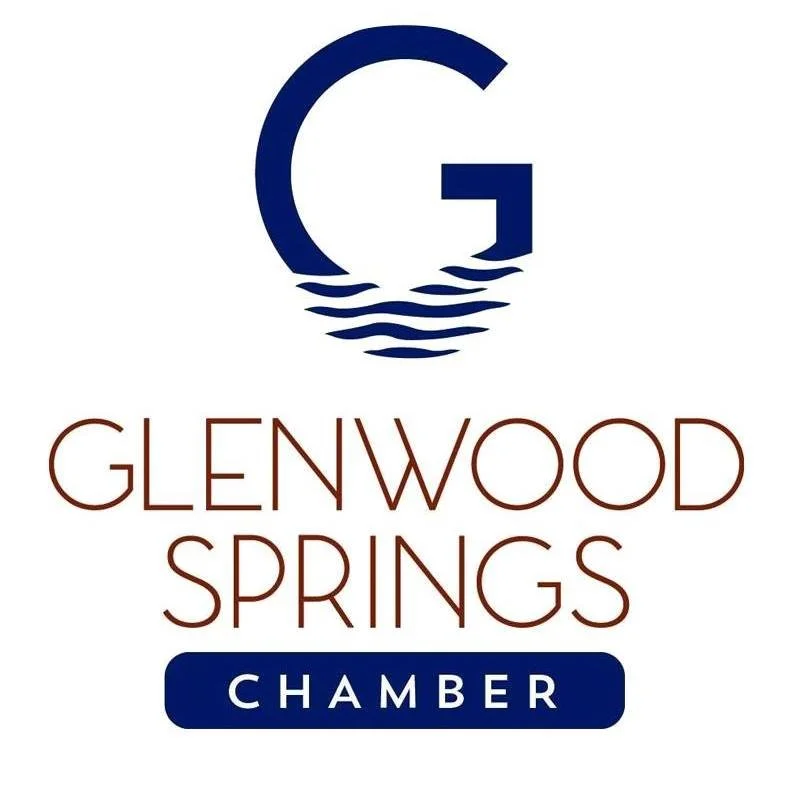 Logo with a large letter G above wavy lines, and the text "Glenwood Springs Chamber" below.