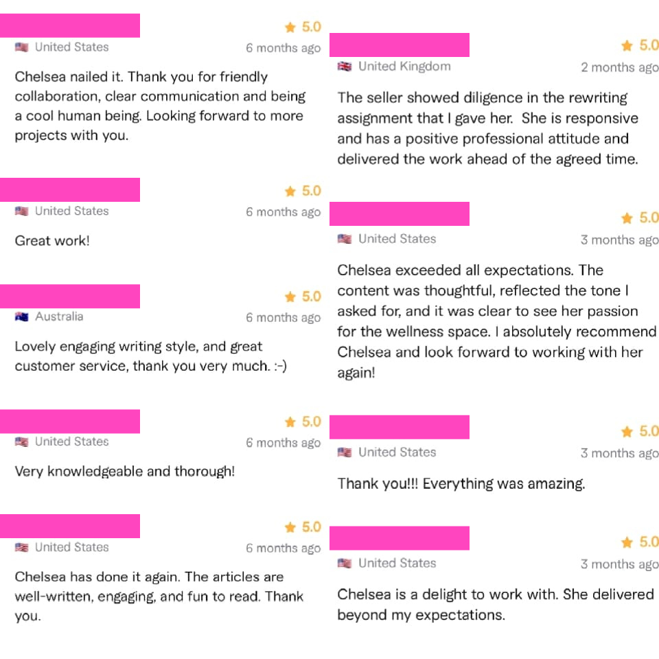Customer reviews praising Chelsea's work, professionalism, and communication, from various countries, with five-star ratings.