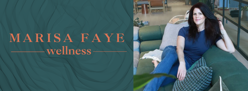 A promotional graphic for Marisa Faye Wellness featuring a woman with dark hair sitting on a green couch in a wellness space, with a background of plants and wellness decor.