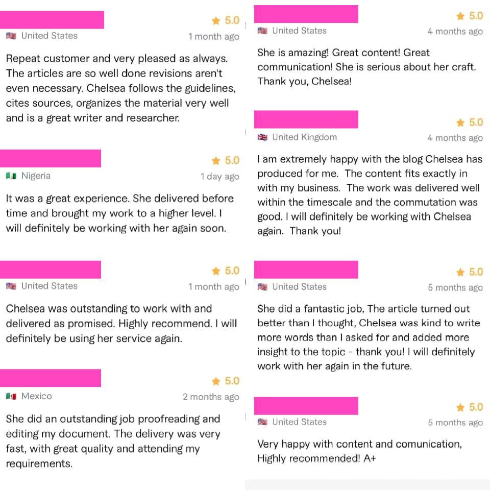 Collage of customer reviews praising Chelsea for excellent work on articles, editing, proofreading, and content creation, with positive ratings and comments from users in various countries.