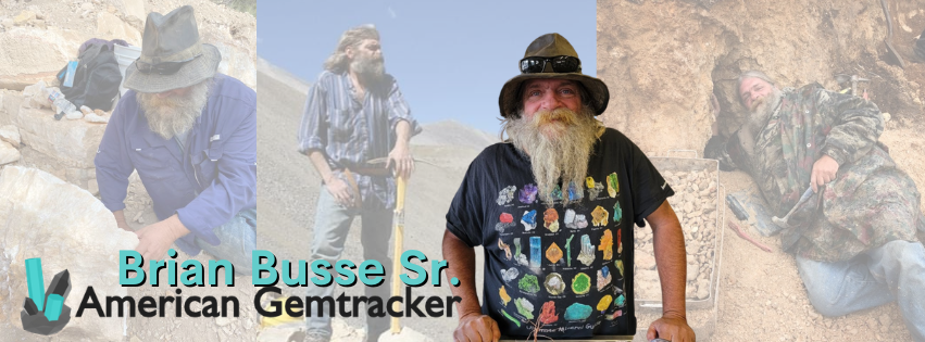 A collage featuring three men and a graphic overlay. The first man, on the left, is sitting outdoors near rocks, wearing a blue shirt, hat, and glasses, with a backpack nearby. The second man, in the middle, is standing on a rocky terrain, wearing a striped shirt and sunglasses, with long hair and a beard. The third man, in the center, is smiling, wearing a black gemstone-themed t-shirt, a brown hat, and sunglasses, with long hair and a beard. The overlay includes the name "Brian Busse Sr." and the title "American Gemcracker," with a small graphic of two gemstones.