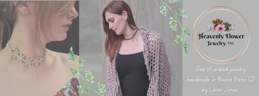 A woman modeling a necklace, another woman in a lacy cardigan, and a jewelry logo for Heavenly Flower Jewelry Inc. with floral and bee design, along with text about handmade jewelry in Buena Vista, CO by Leloni Jones.
