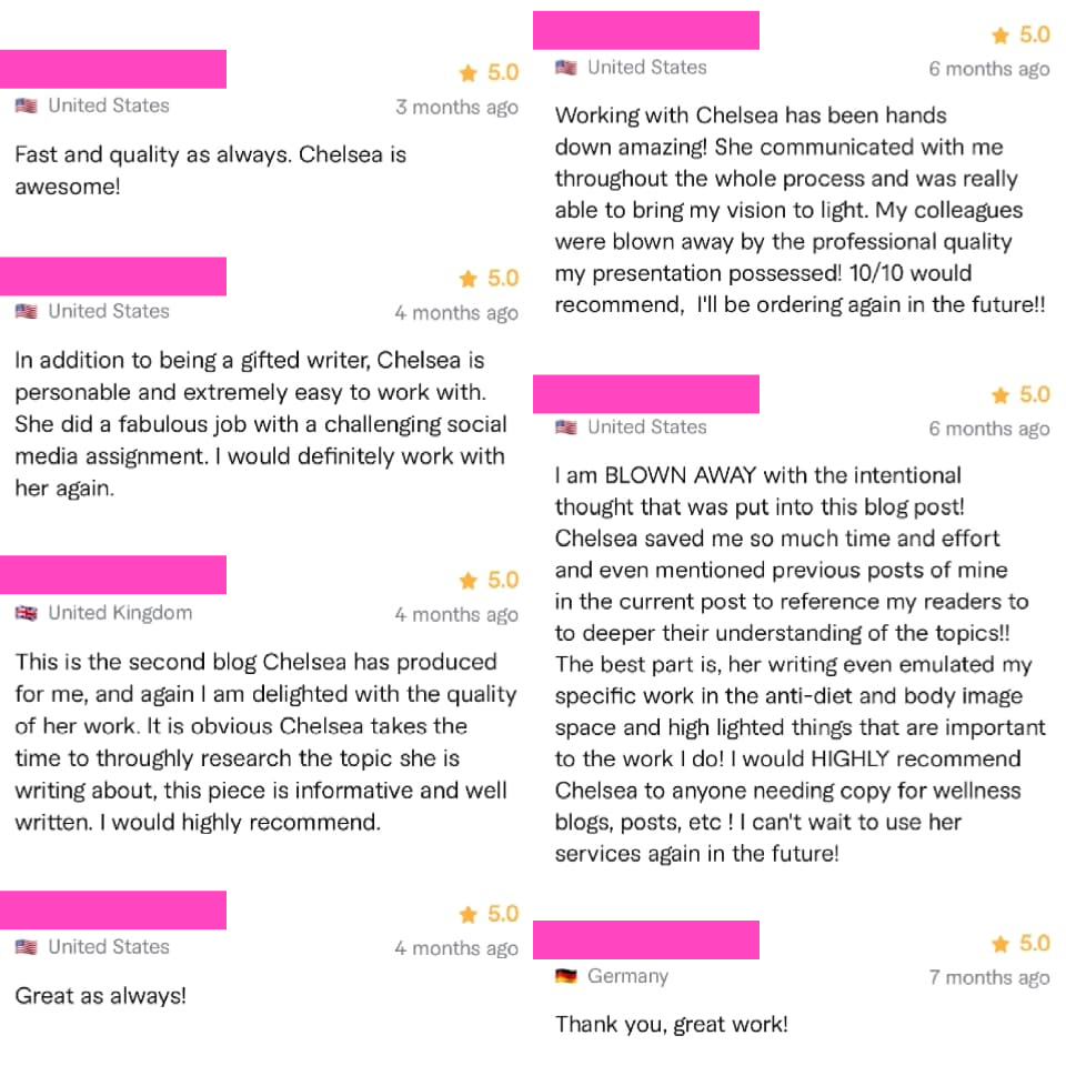 Collection of positive customer reviews about Chelsea, praising her professionalism, quality of work, and helpfulness, with star ratings and timestamps.
