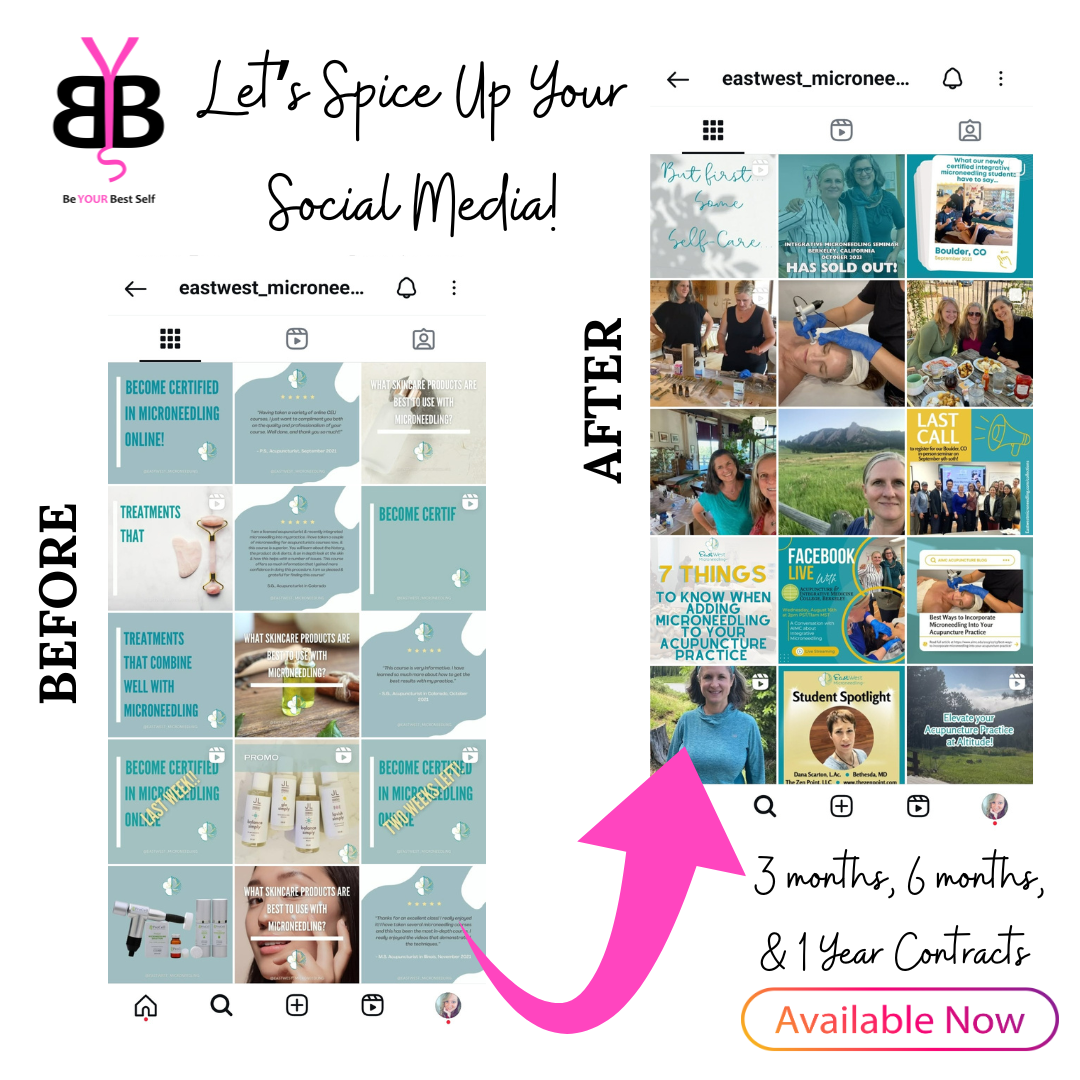 A social media marketing multi-panel graphic promoting microneedling certification, treatment benefits, skincare products, and online courses, with before and after examples and event photos