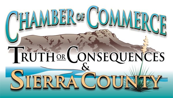 Logo for the Chamber of Commerce featuring mountains, a river, and grass, with the text 'Chamber of Commerce Truth or Consequences & Sierra County'.