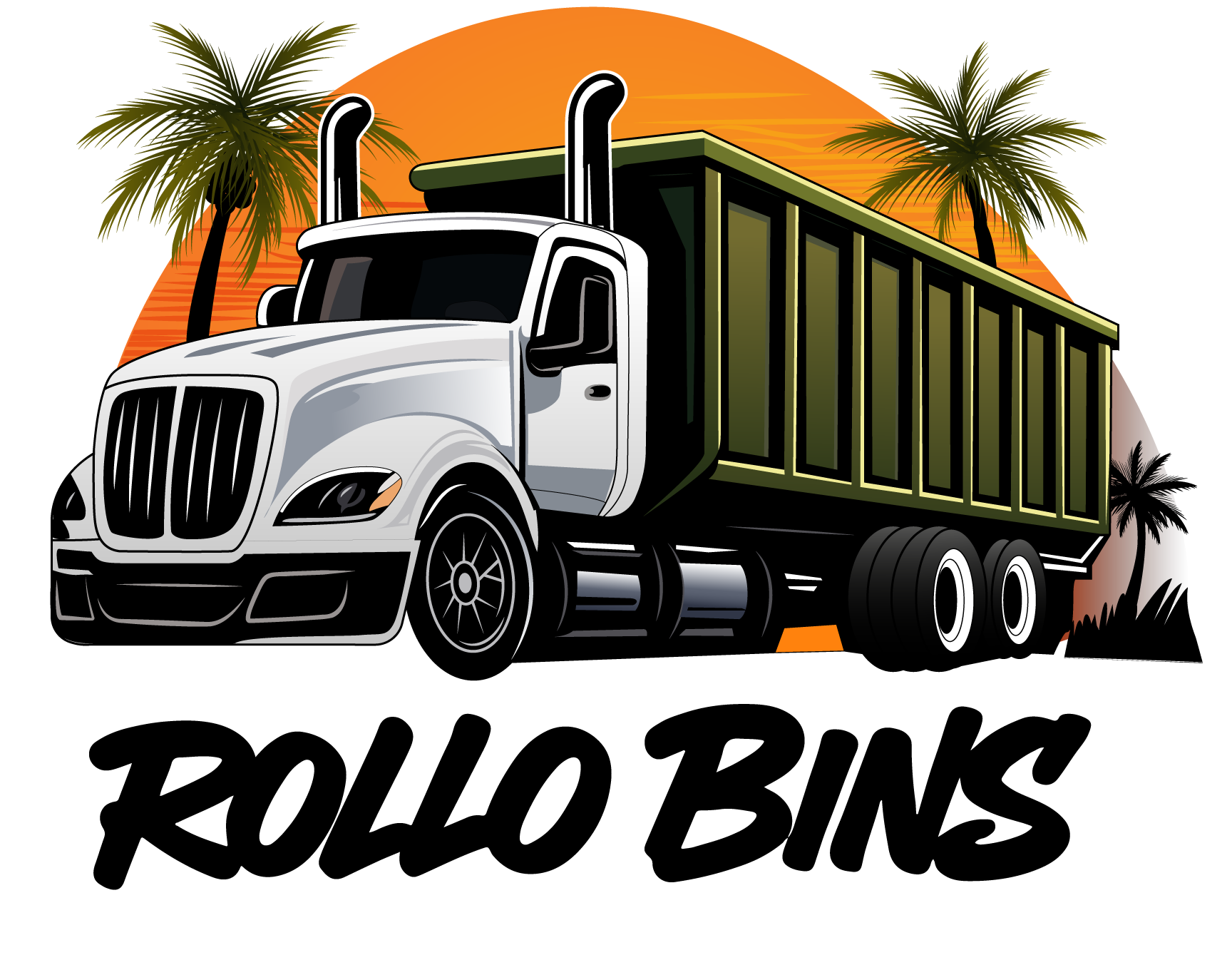 A digital illustration of a white semi-truck with a green trailer driving in front of a sunset with silhouettes of palm trees, featuring the text 'ROLL0 BINS' in bold black letters at the bottom.
