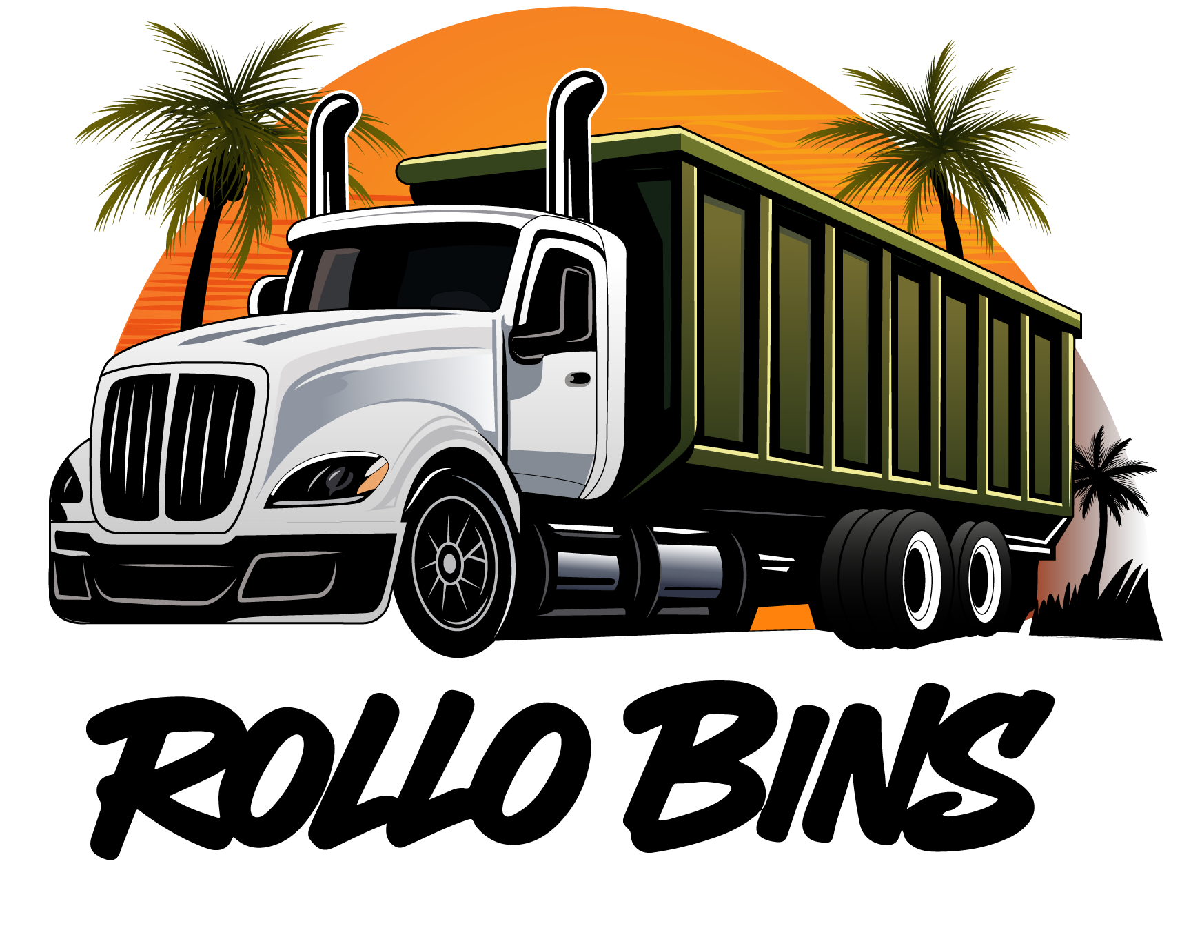 Illustration of a semi-truck with a white cab and green trailer, set against a sunset with palm trees, and the text 'ROLL-O BINS' in bold black letters at the bottom.