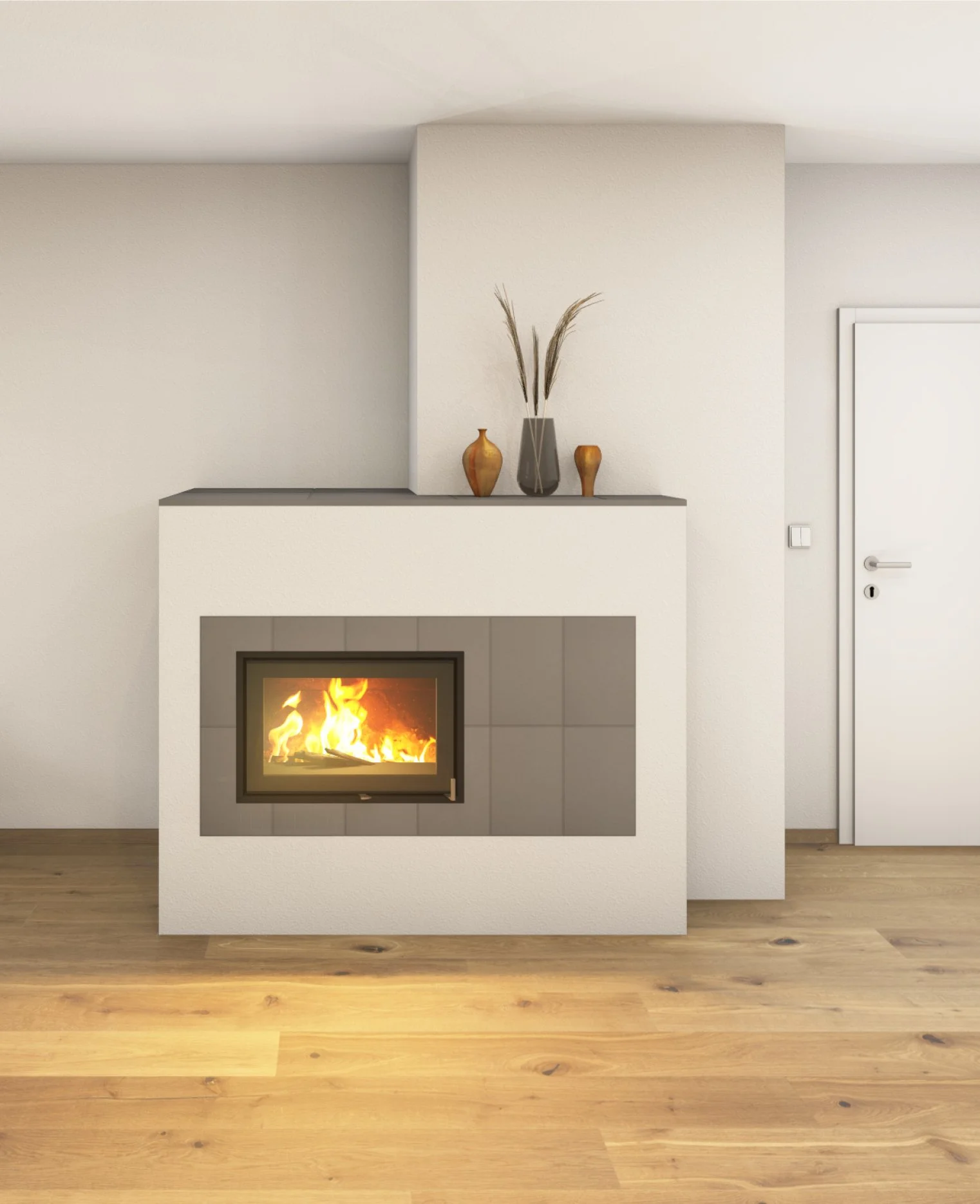 Planungsskizze eines modernen Kamins mit Flammen, weißer Wand, Holzboden, aufgesetzte Vasen und Dekor auf dem Sims.