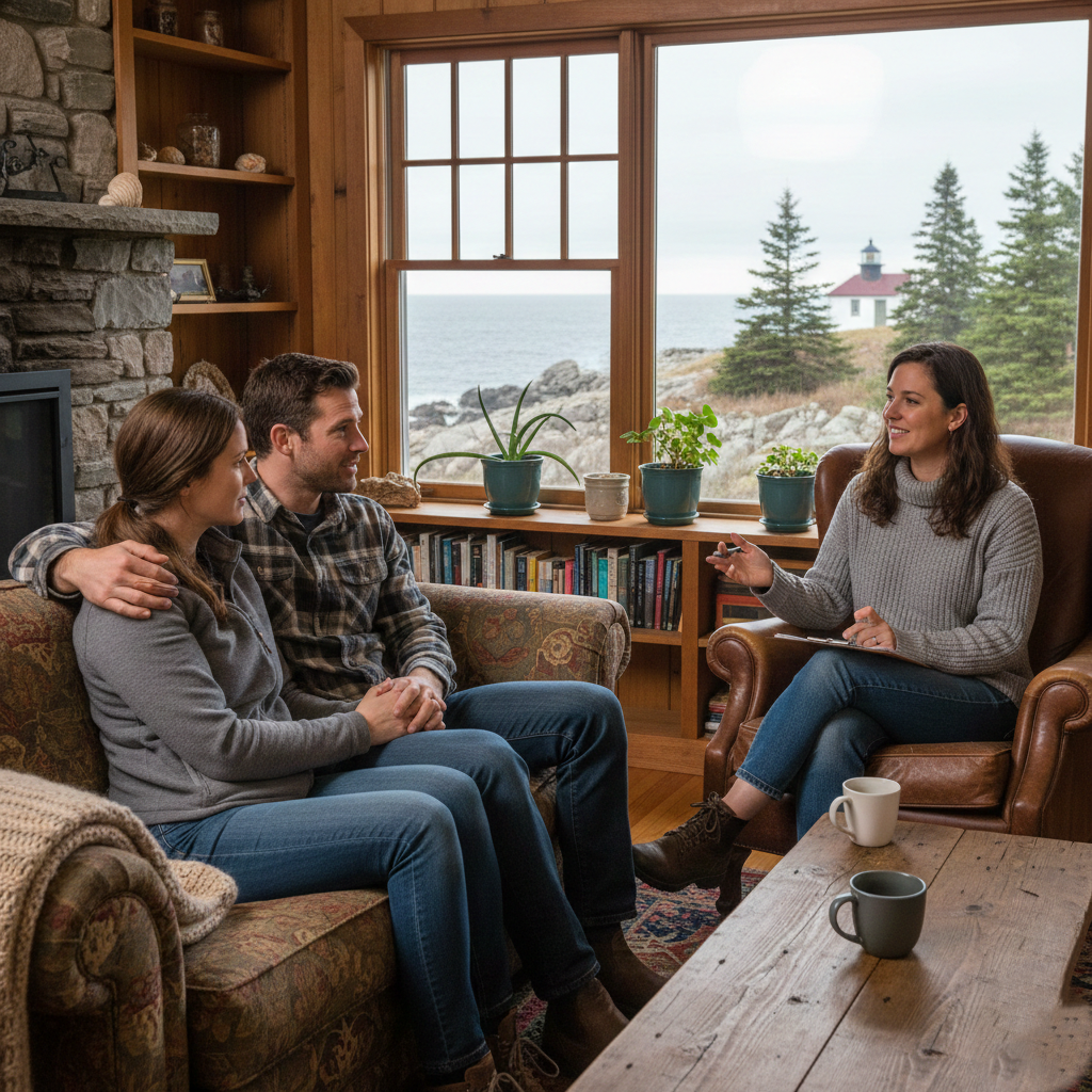 A woman is talking to a couple sitting on a sofa in a cozy living room with wooden walls and a large window showing a seaside view with rocks, trees, and a lighthouse outside.
