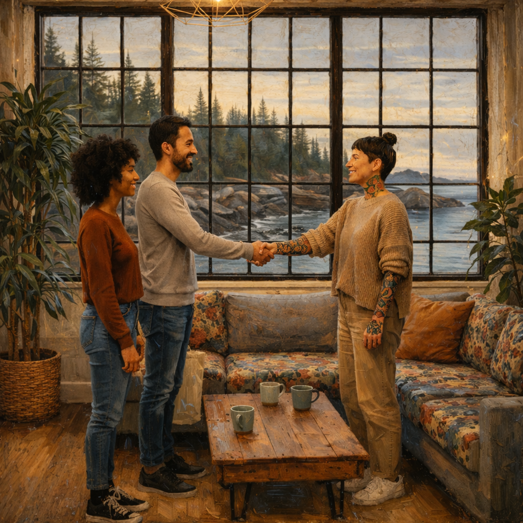 Three people shaking hands in a cozy room with large window showing forest and ocean view at sunset, decorated with plants, a wooden table with three mugs, and vibrant seating.