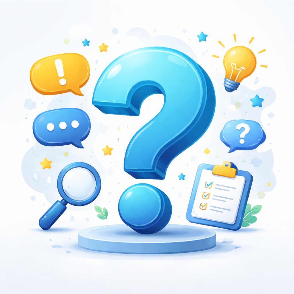 A large blue question mark surrounded by icons including a magnifying glass, speech bubbles with question mark and exclamation mark, a light bulb, and a clipboard with checkmarks, representing inquiry and problem-solving.