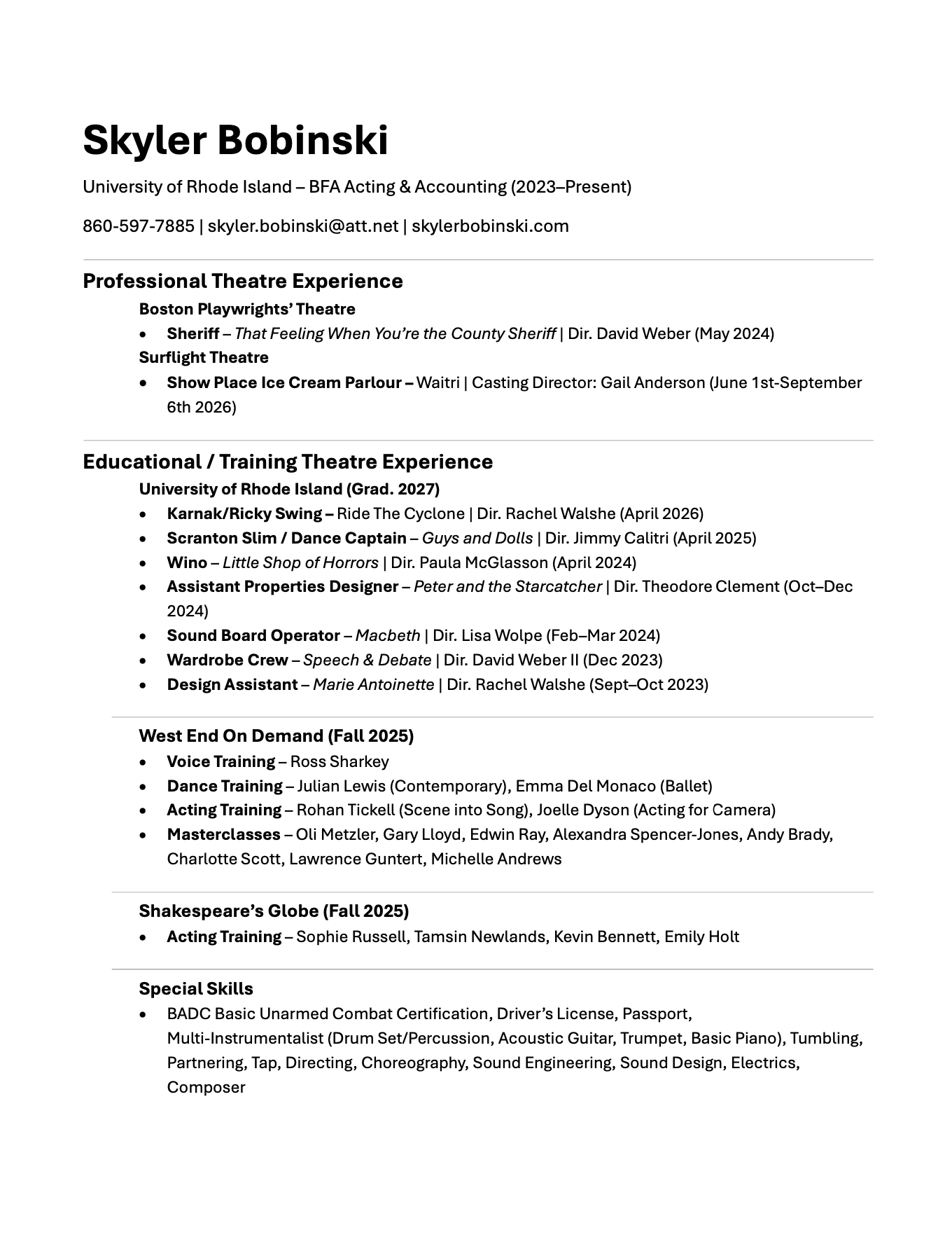 Resume of Skyler Bobinski listing theatre, education, and skills.