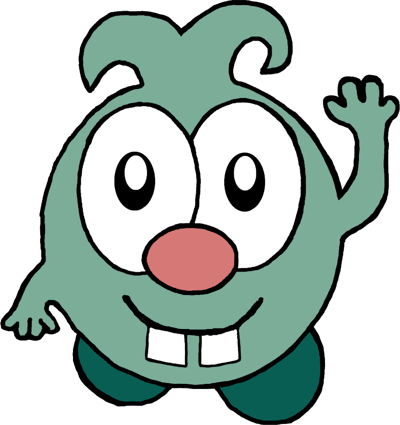 A cute green monster with buck teeth waves.