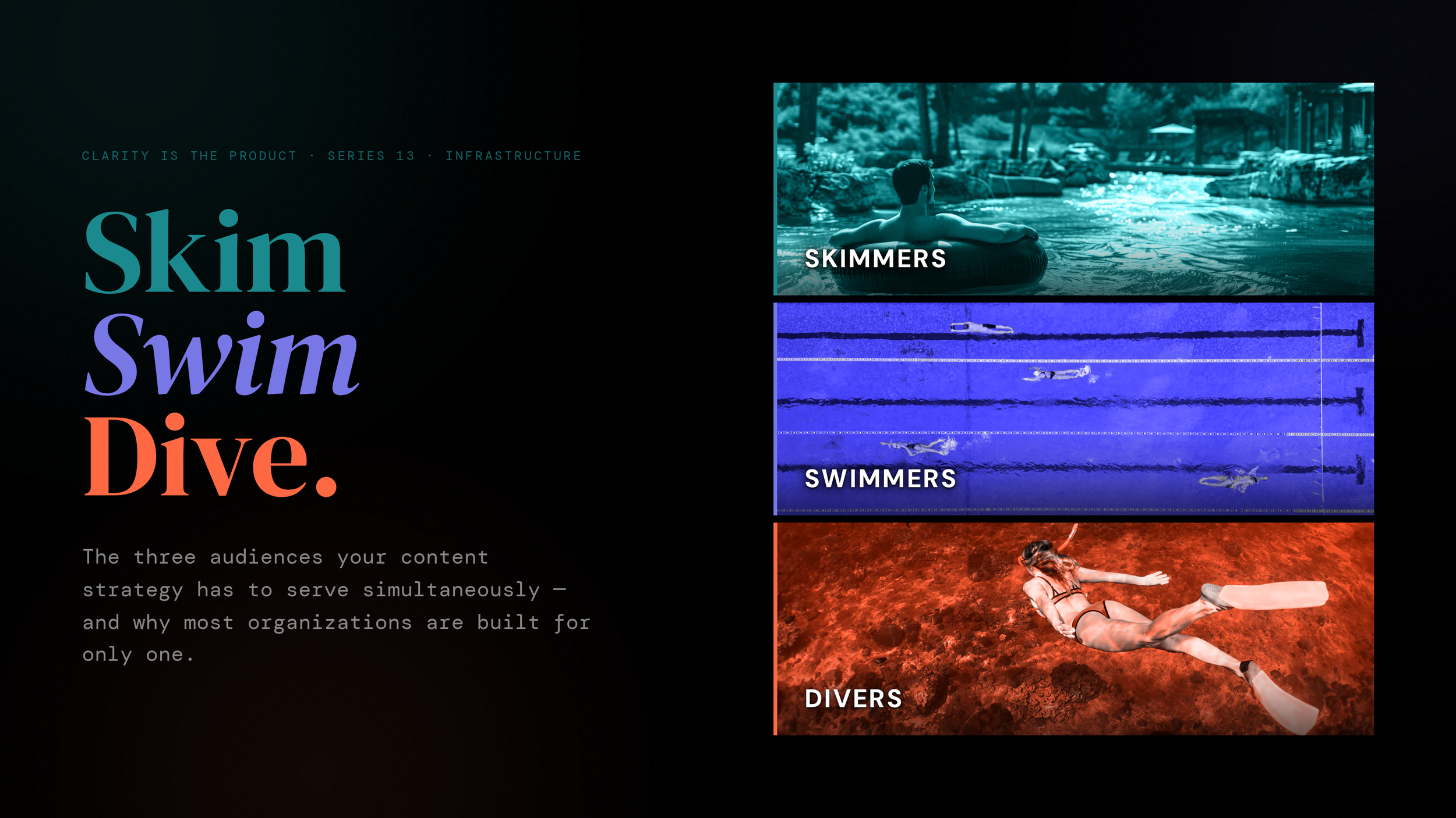 Skimmers. Swimmers. Divers. The Three Audiences Your Content Strategy Has to Serve Simultaneously