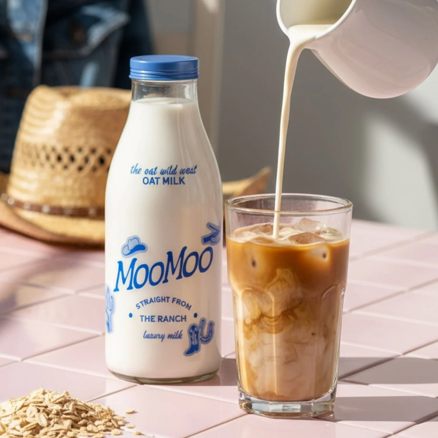 A bottle of MooMoo oat milk being poured into a glass of iced coffee on a pink tiled surface, with a straw in the drink and a straw hat in the background.