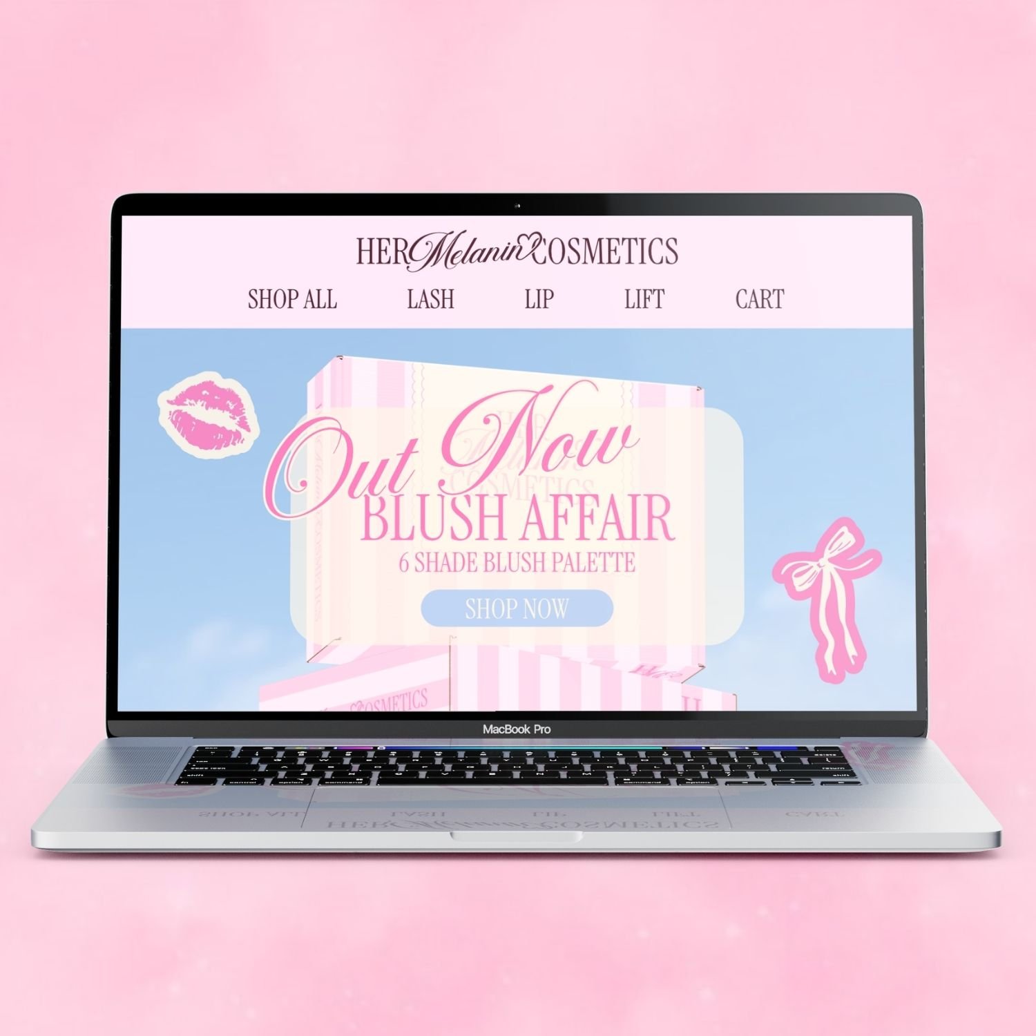 A MacBook Pro displaying an online cosmetics store with pink and blue themed graphics for blush palettes, against a pink background.