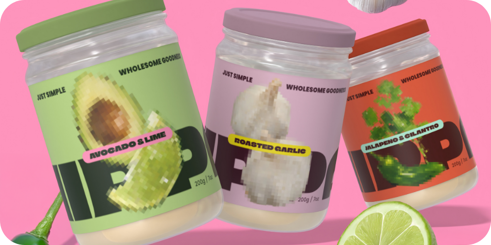 Three colorful jars of seasoning with pixelated labels and a lime wedge on a pink background.