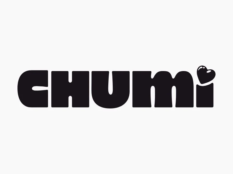 Black text spelling 'chumi' with a small heart shape in place of the dot over the 'i' on a light gray background.