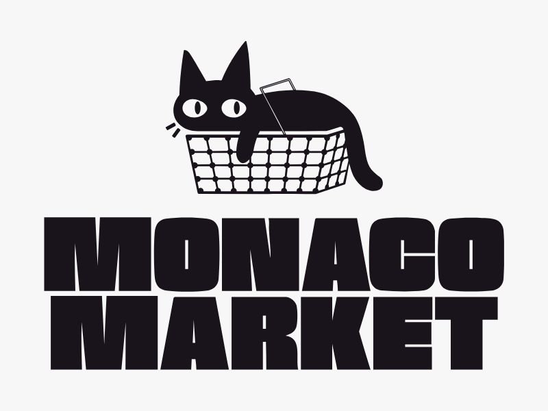 A black cartoon cat with large eyes lying inside a shopping basket above the text 'Monaco Market' in bold black letters.
