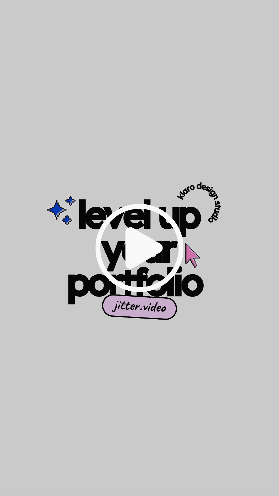 Text graphic with the words "level up your portfolio" in bold black letters, surrounded by small decorative icons, including stars and a pink computer mouse pointer. A purple label at the bottom reads "jitter.video."