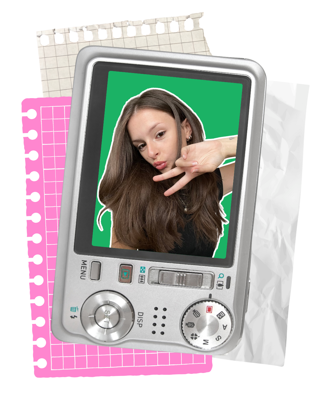 A digital camera screen displaying a young woman with long brown hair making a peace sign and puckering her lips against a green background.