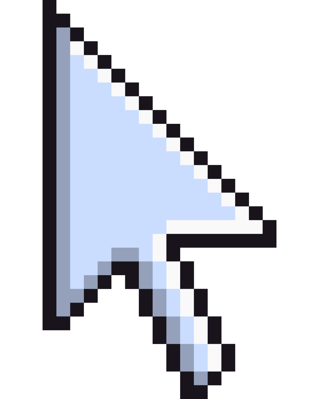 Pixelated blue and white computer cursor arrow on black background.