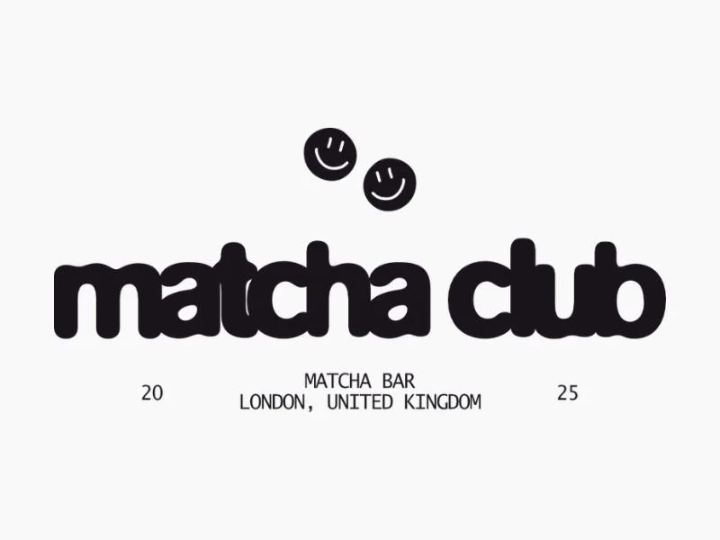 Logo for Matcha Club, a matcha bar in London, UK, featuring two smiling face icons above the name.