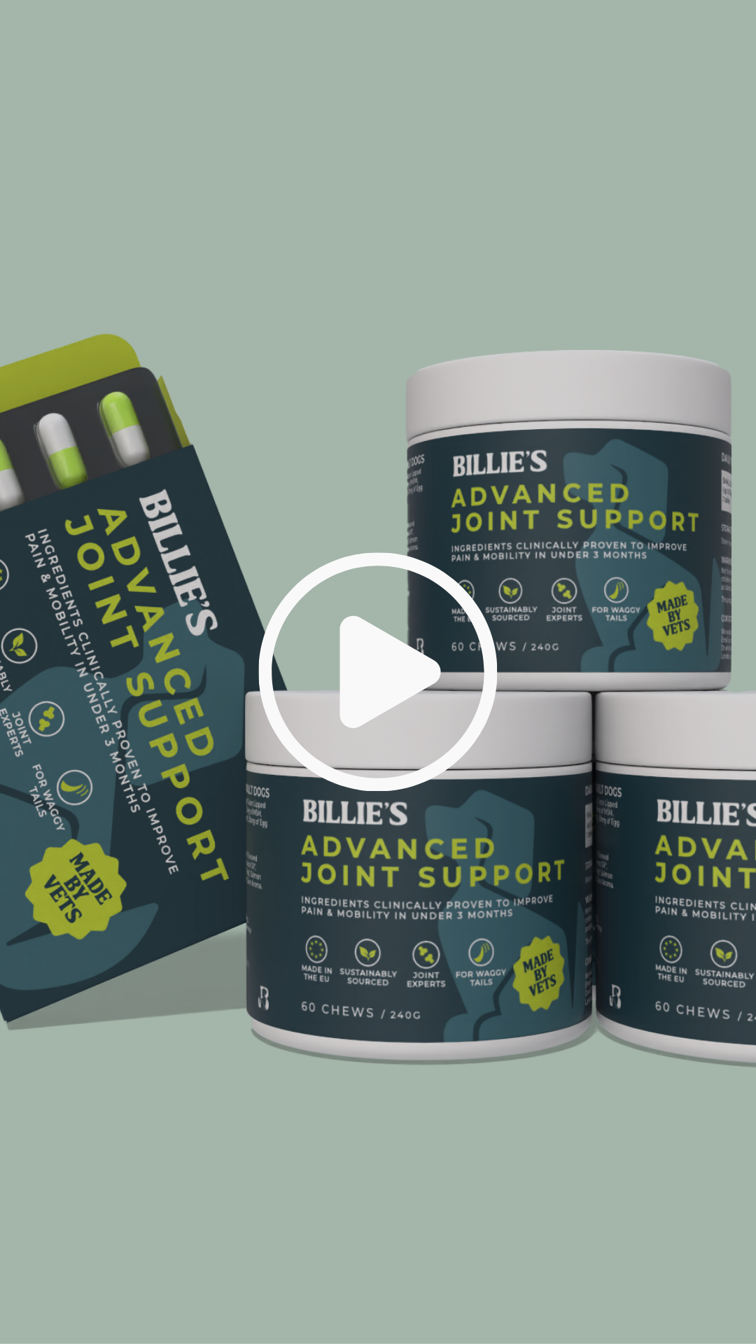 Containers and packaging of Billie's Advanced Joint Support supplement for dogs, featuring capsules and chewable treats.