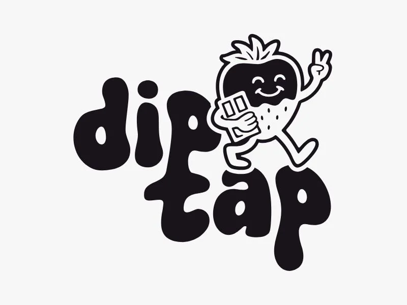 Logo with the word 'dip tap' in stylized font and a cartoon character of a strawberry holding a phone and making a peace sign.