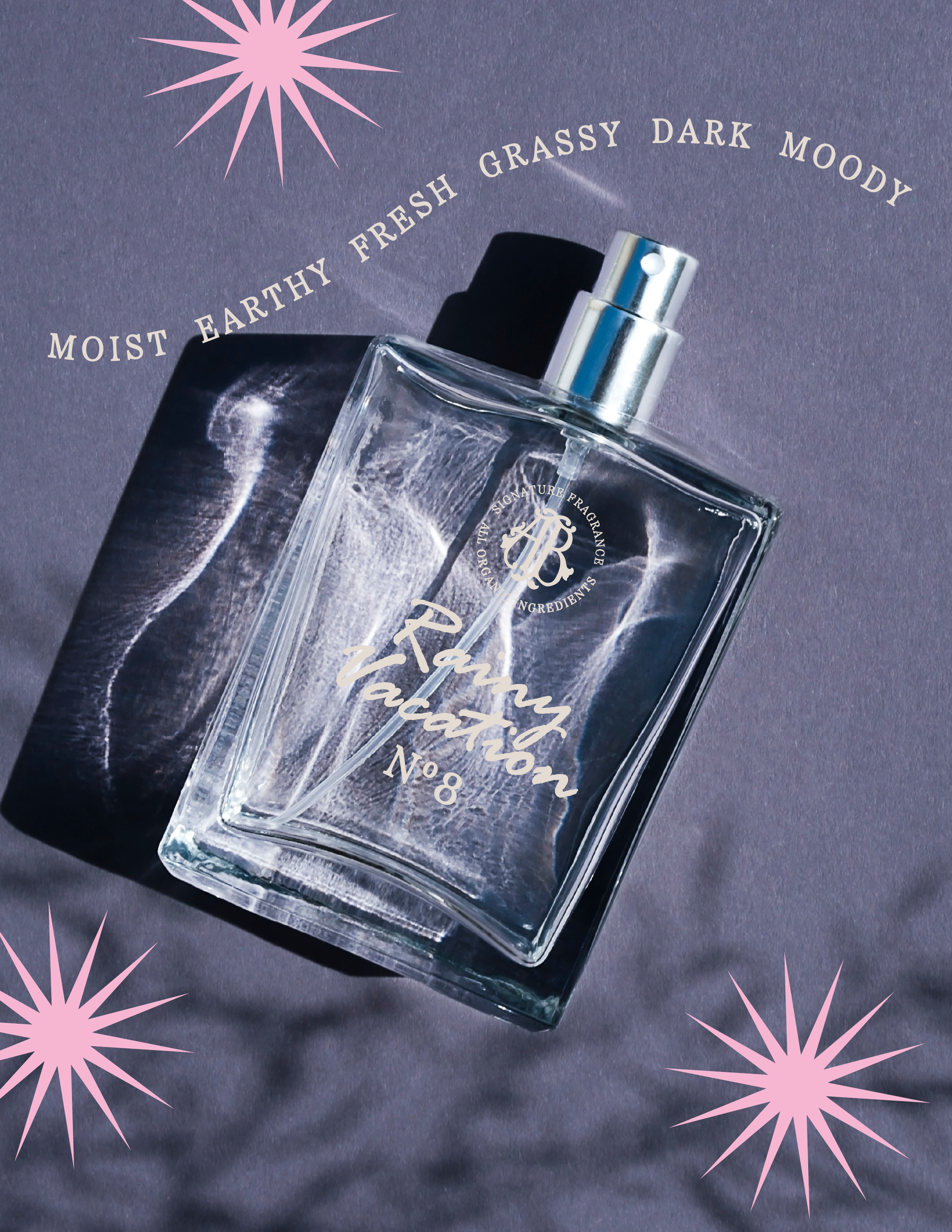 A clear glass perfume bottle with silver sprayer on a gray background. Pink starburst designs in the corners and white curved text describing fragrance notes as moist, earthy, fresh, grassy, dark, moody.