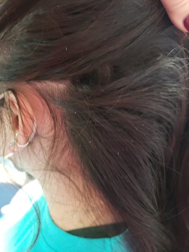 Close-up of a woman's ear with earrings and dark brown hair brushing her neck.