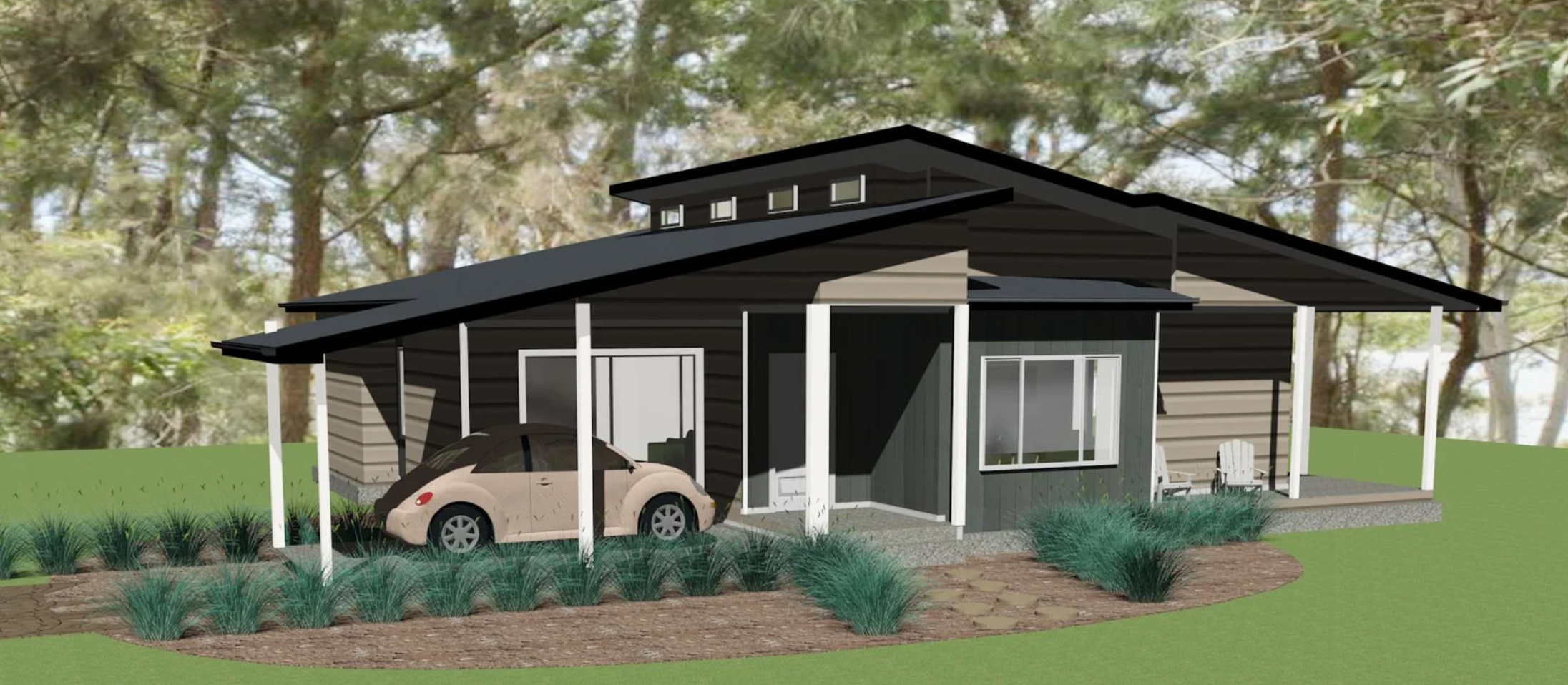 A modern house with a black roof, grey and black exterior walls, a covered porch with white columns, a small beige car parked in the driveway, and a rectangular window on the front. Trees are in the background.