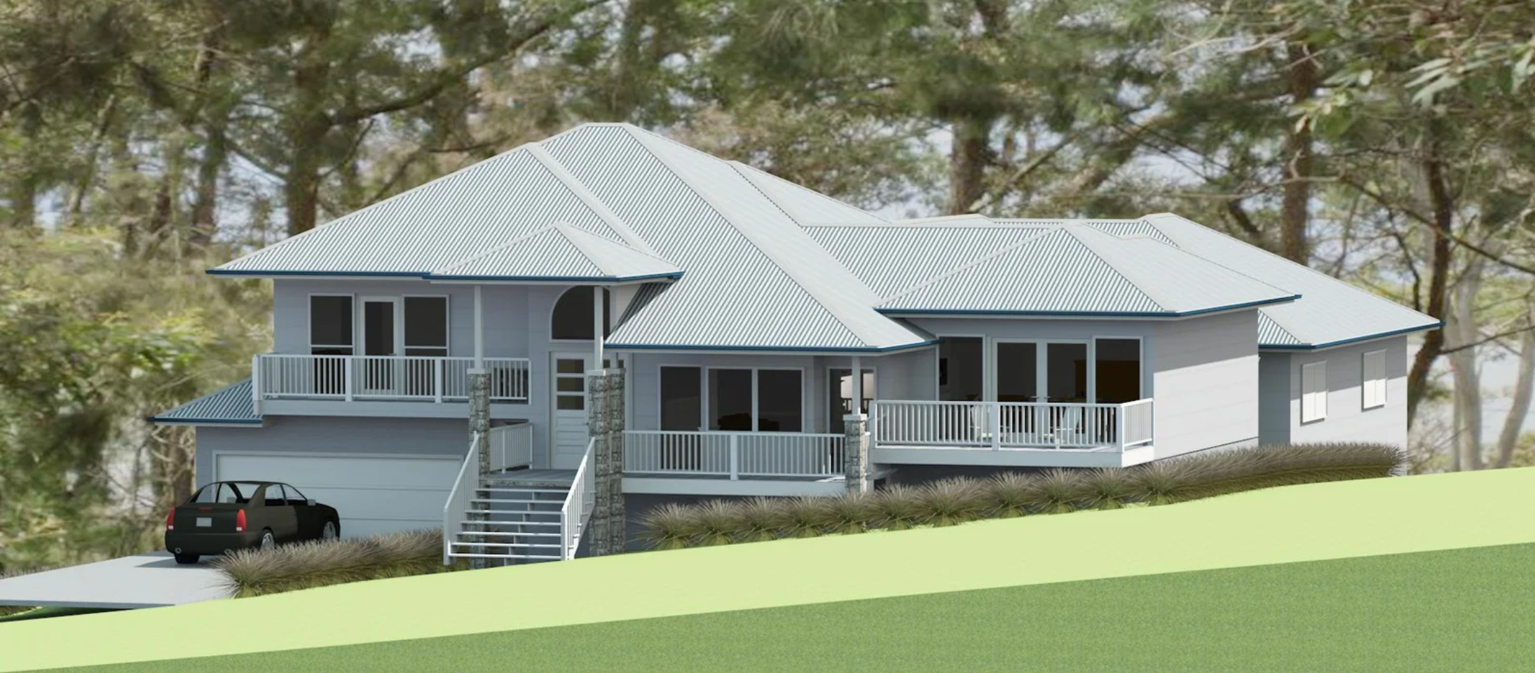 Illustration of a two-story house with a blue metal roof, white siding, front porch, and a driveway with a black car parked.