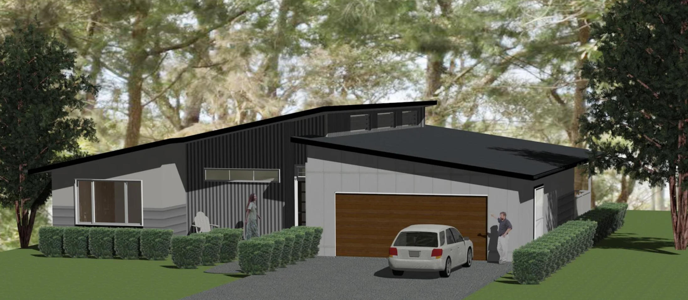 Rendered modern house with black and gray exterior, wooden garage door, front driveway with a parked car, two people talking outside, surrounded by green bushes and trees in the background.
