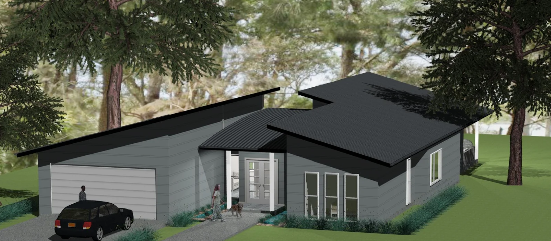 A digital rendering of a modern single-story house with dark roofing and gray siding, located in a wooded area with tall trees, green grass, and a stone pathway leading to the front door, where a woman and a dog are walking, with a black car parked nearby.