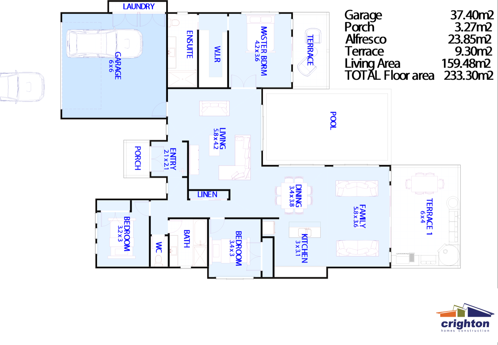 Floor plan of a house indicating room labels and dimensions, including garage, porch, alfresco, terrace, living, dining, kitchen, bedrooms, bathrooms, laundry, ensuite, walk-in robe, linen closet, pool, and outside terraces, with total floor area mea