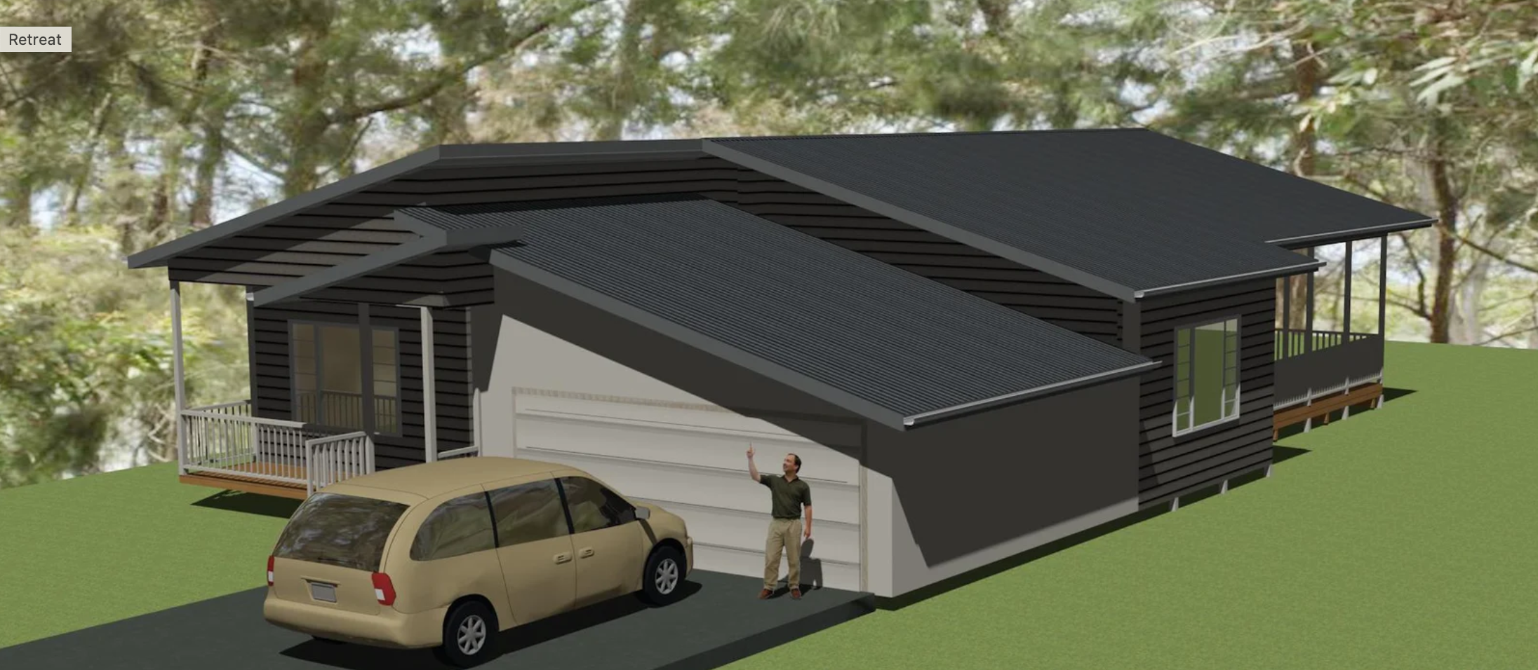 A modern two-story house with black siding, metal roofs, and enclosed front and back porches, situated on a grassy lot with trees in the background. A man stands outside near a beige minivan and gestures upward.