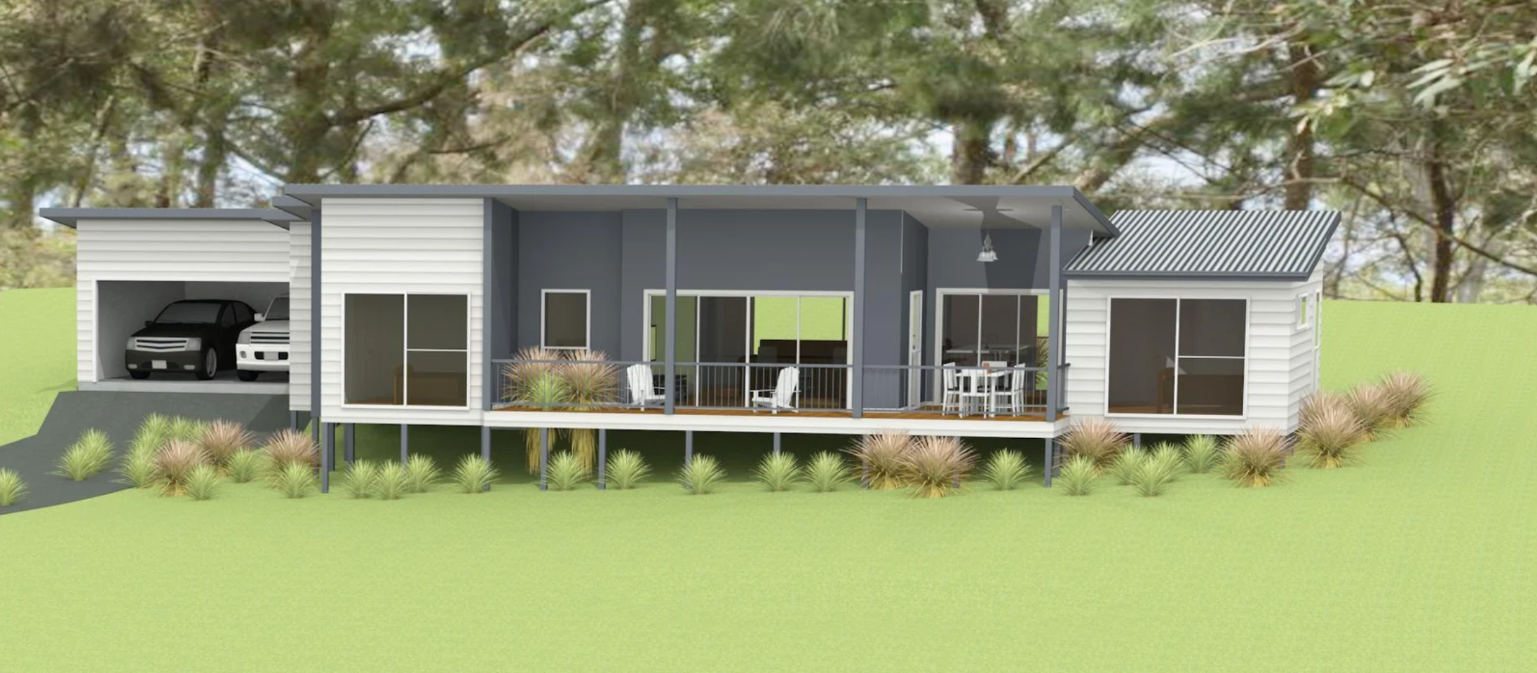 Digital rendering of a modern, elevated house with a front porch, outdoor dining area, garage with two cars, surrounded by grass and small bushes, with trees in the background.