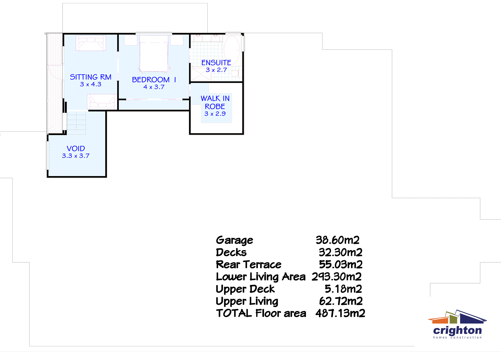 Floor plan of a house, showing rooms labeled Sitting Room, Bedroom 1, Ensuite, Walk-In Robe, and Void. Includes measurements for each room and total floor area, with a note of outdoor areas and a logo of Crighton Homes Construction.