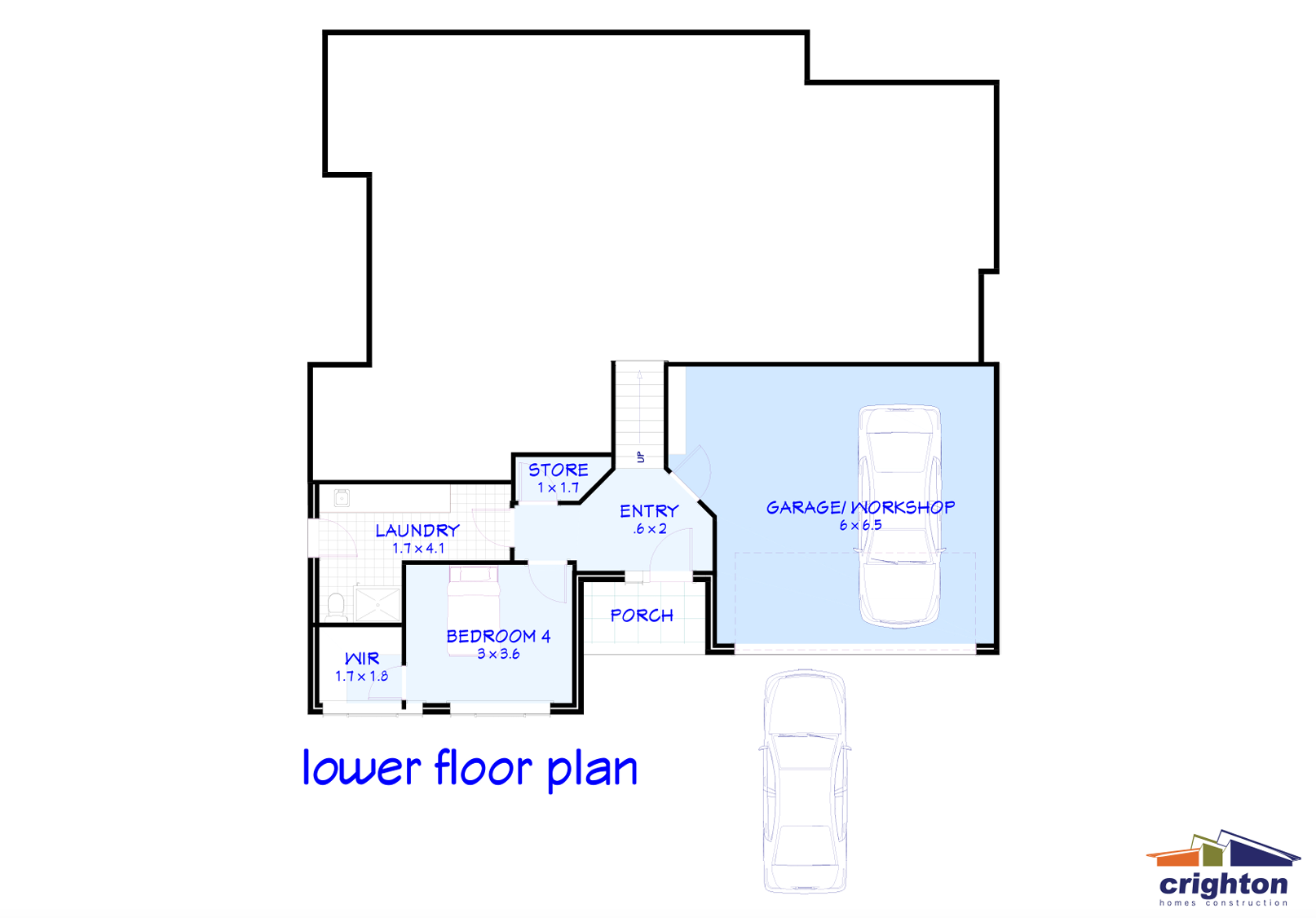 Lower floor plan with labeled rooms including laundry, bedroom 4 with walk-in closet, store, entry, porch, garage/workshop, and two cars parked outside, with the title at the bottom reading 'lower floor plan'.