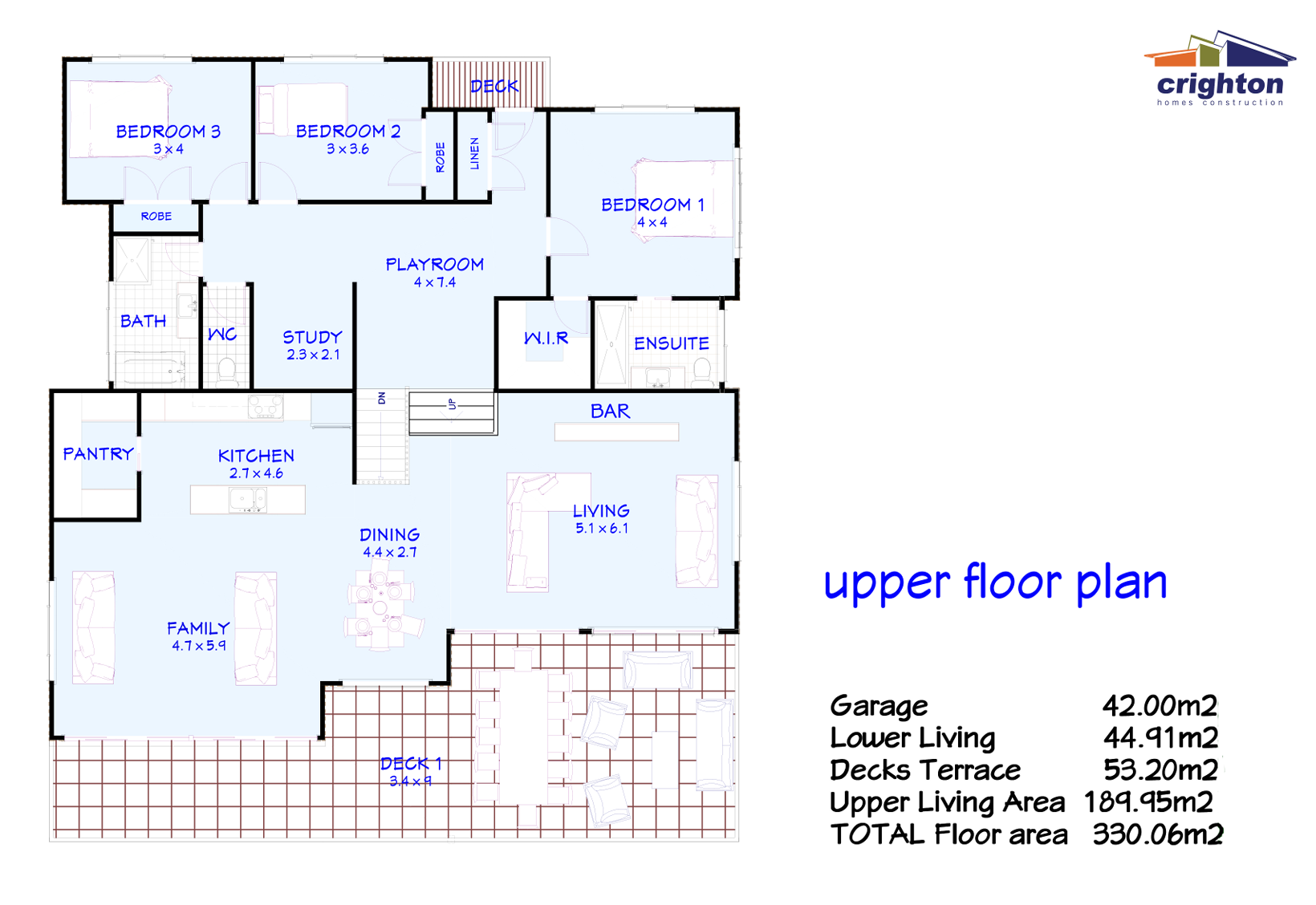 Upper floor plan of a house showing bedrooms, bathrooms, kitchen, living area, study, pantry, and decks terrace, with labeled dimensions and an outdoor terrace with furniture.
