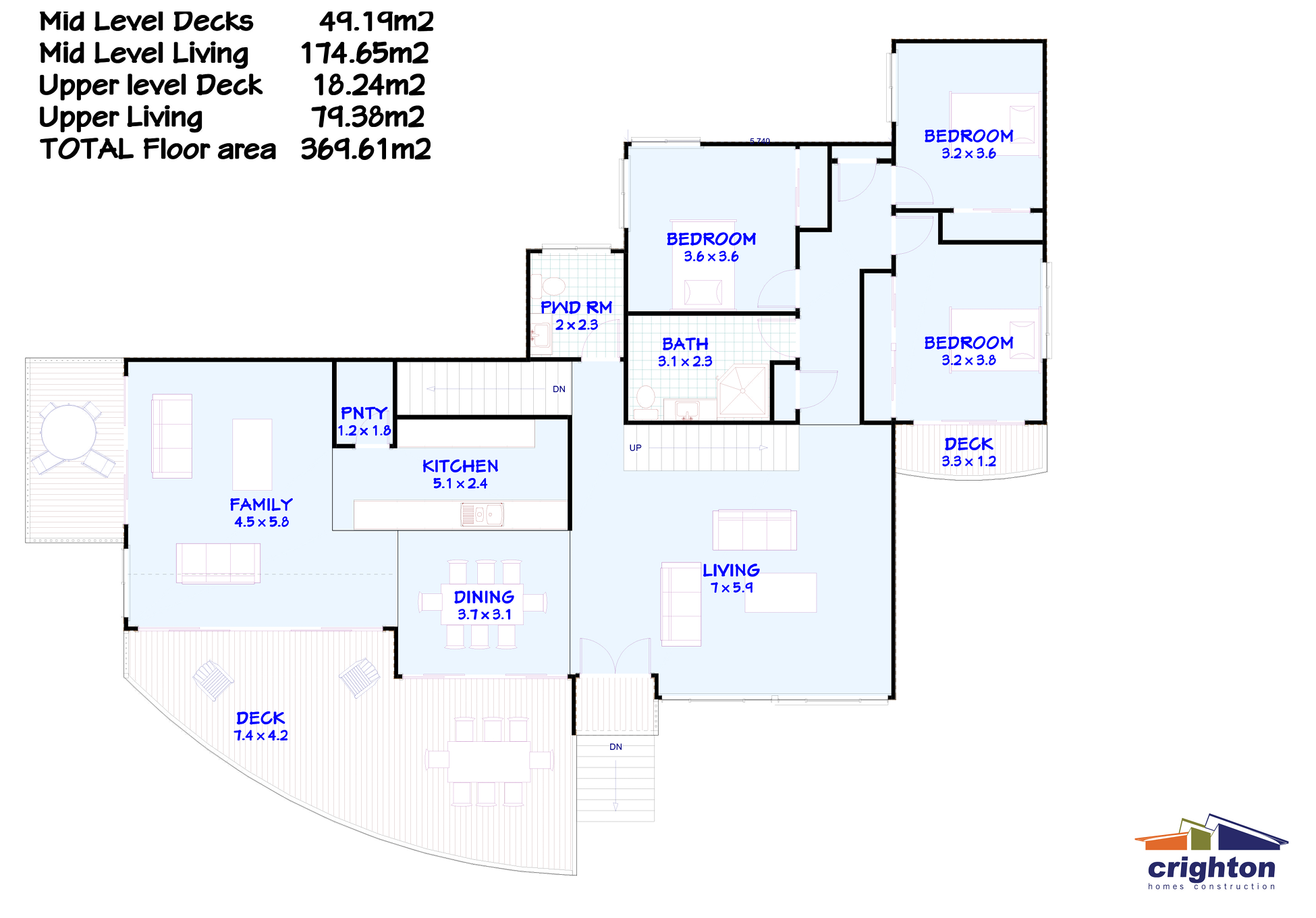 Floor plan of a house showing various rooms and decks with measurements, including bedrooms, bathrooms, kitchen, living and family rooms, pantry, laundry, and deck areas. The layout includes two levels with detailed room dimensions and labels.