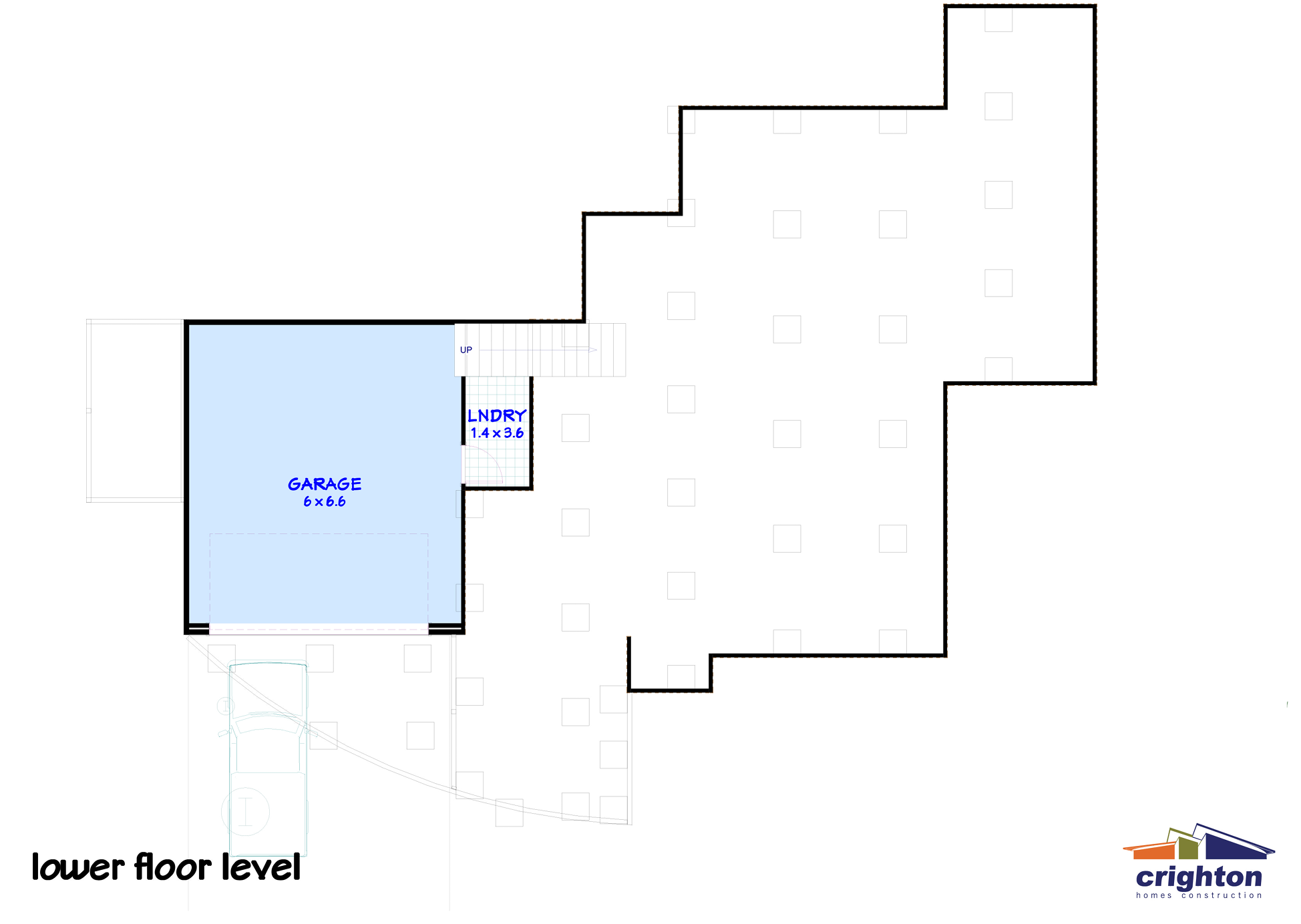 Floor plan of the lower level of a house showing a garage, laundry area, and other spaces. The garage is 6 by 6.6 meters, and the laundry area is 1.4 by 3.6 meters. The plan includes walls, stairs, and openings.